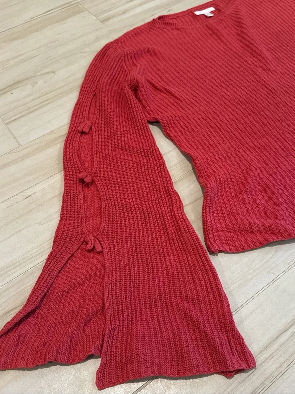 LC Lauren Conrad Coral Ribbed Tie-Sleeve Sweater - Picture 1 of 8